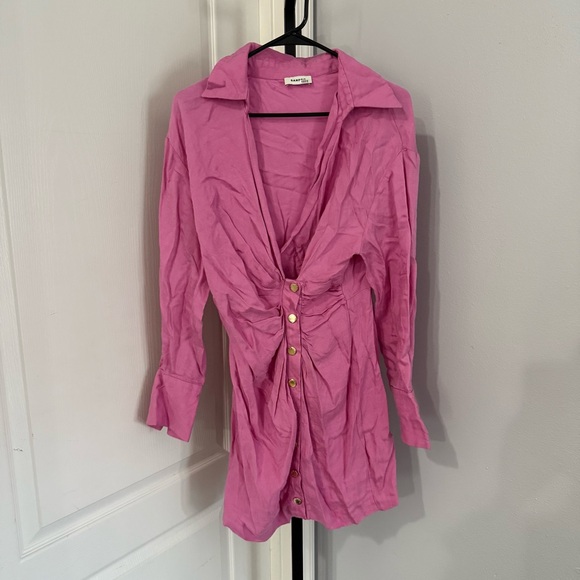 Sandro Elvira Asymmetric Pleated Shirt Dress Pink Plunge Neckline Size 36 - Picture 2 of 10